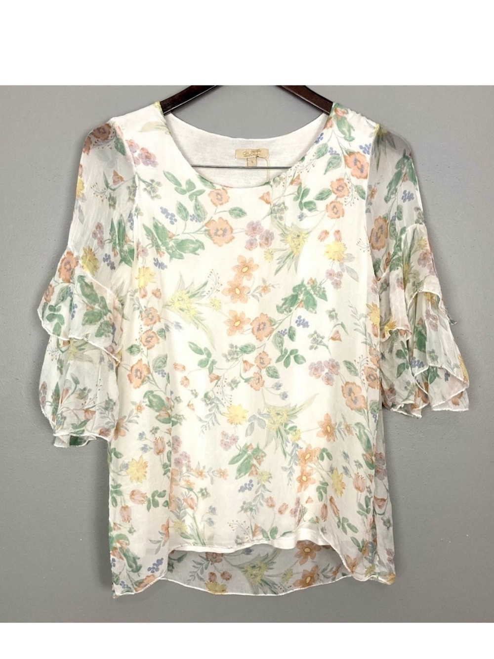 Giusy Silk Bell Sleeve Top Women’s Size S Floral Boho Peasant Made in Italy
